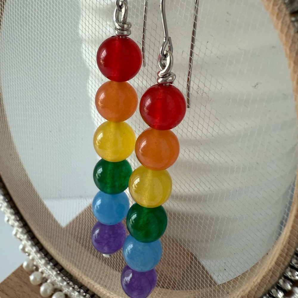 HAND CRAFTED Pride Wire Wrapped Jade Rainbow Sterling Silver Earrings - Picture 7 of 13